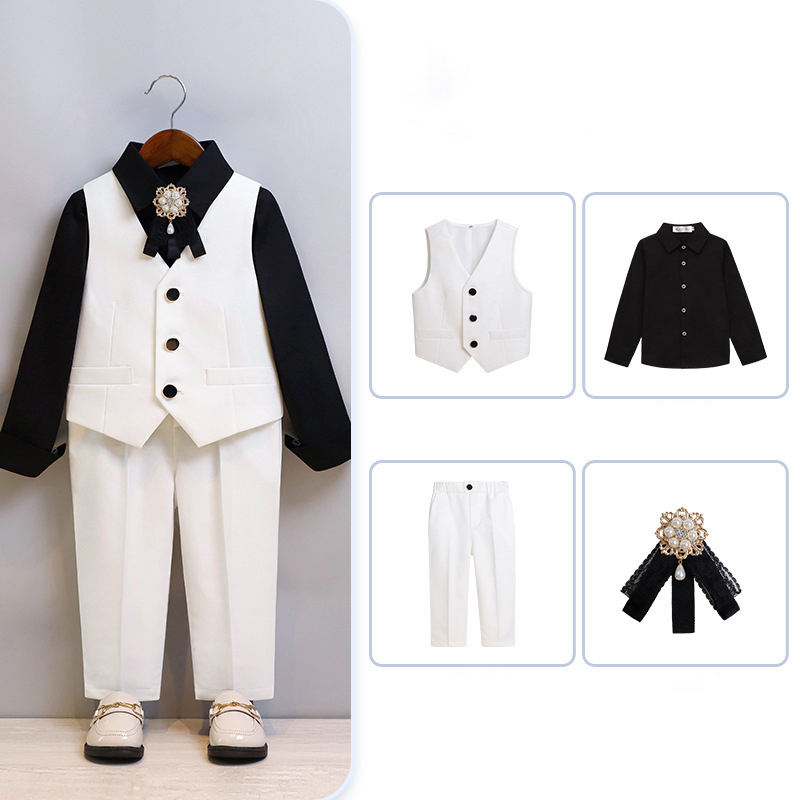 Chemical Fiber Blend Piping Long Sleeve Regular 7-piece Formal Suit - White - Long Pants Long Shirt Vest 4-Piece Set - 170cm - image 14