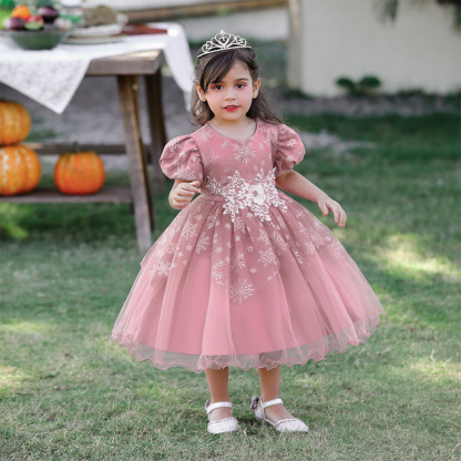 Mesh Christmas Folds Rosette Short Sleeve Mid-long Dresses - image 2