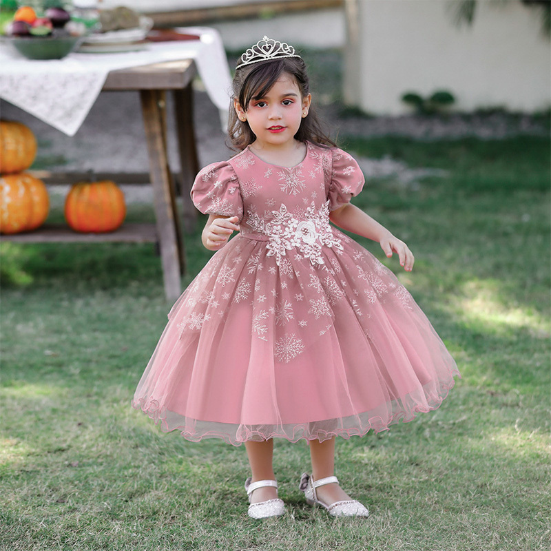 Mesh Christmas Folds Rosette Short Sleeve Mid-long Dresses - image 2