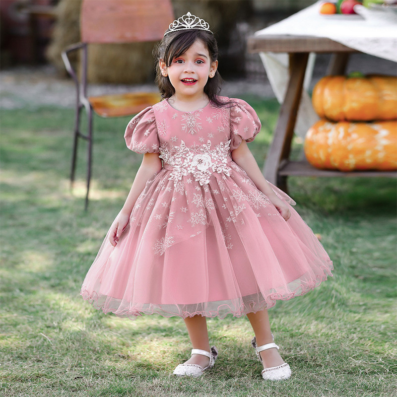 Mesh Christmas Folds Rosette Short Sleeve Mid-long Dresses - Pink - 6Y - image 1