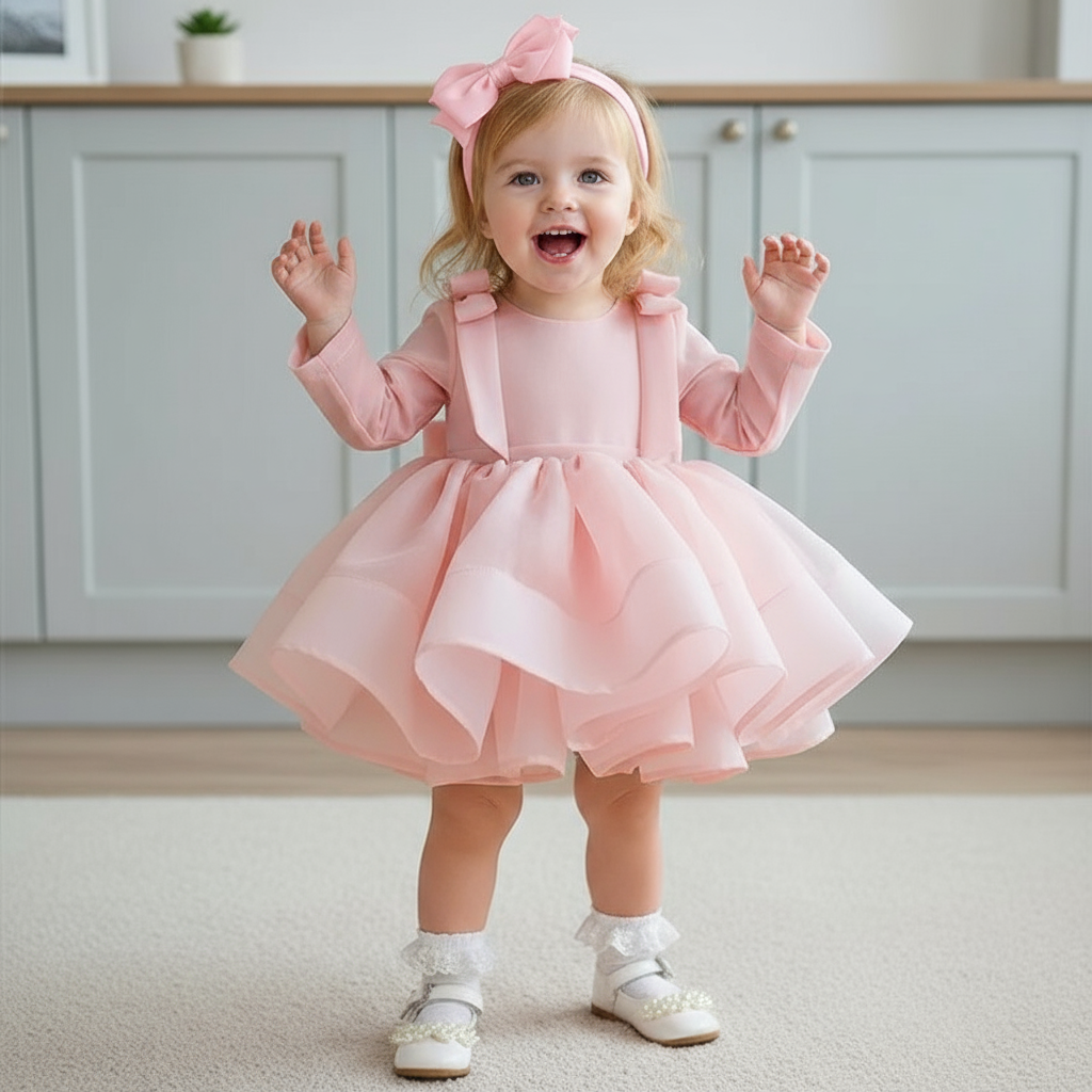 Organza Bow Long Sleeve Midi Dresses - Pink - 15-16Y - image 1