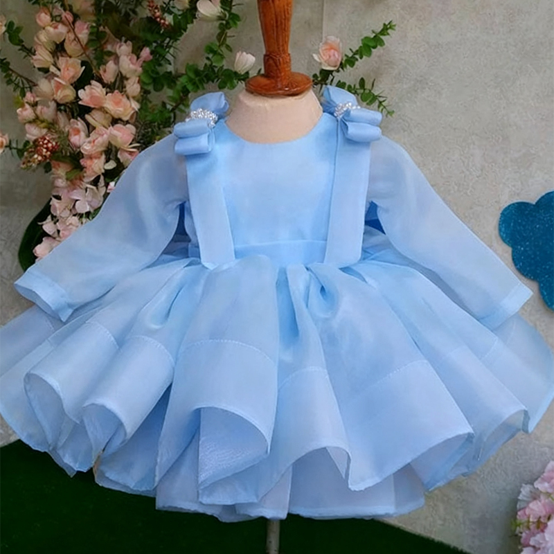 Organza Bow Long Sleeve Midi Dresses - Blue - 15-16Y - image 7
