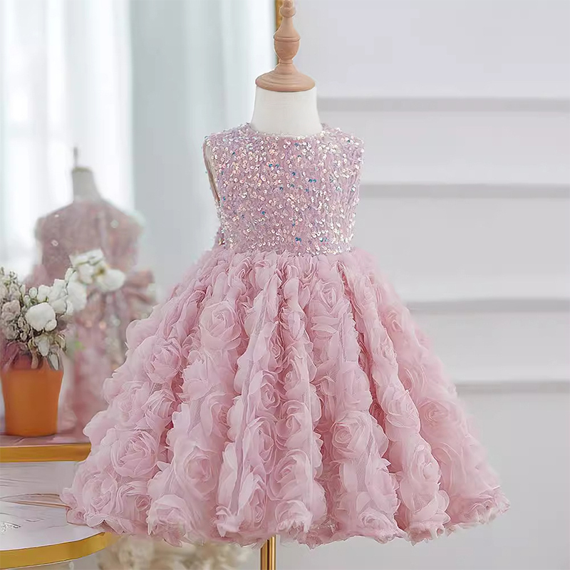 Glitter Split Joint Sleeveless Midi Dresses - Pink - 11-12Y - image 1