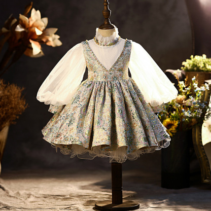 [Archive Sale] Jacquard Split Joint Long Sleeve Midi Dresses - Multicolor - 1-2Y【90cm】 - image 1