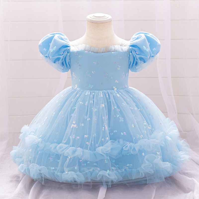 Mesh Bow Short Sleeve Midi Dresses - Sky Blue - 2-3Y - image 8