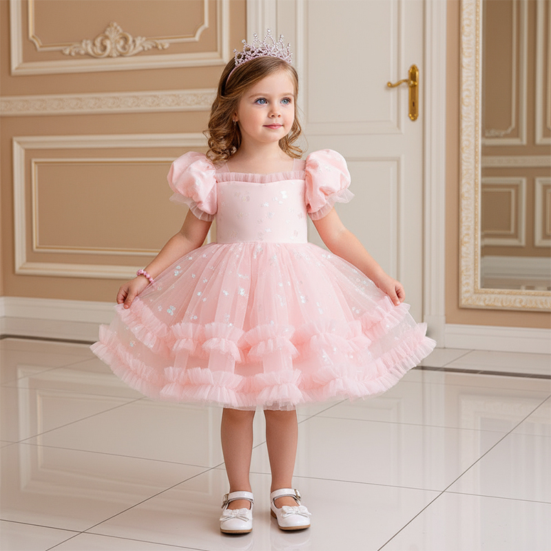 Mesh Bow Short Sleeve Midi Dresses - Light Pink - 2-3Y - image 26