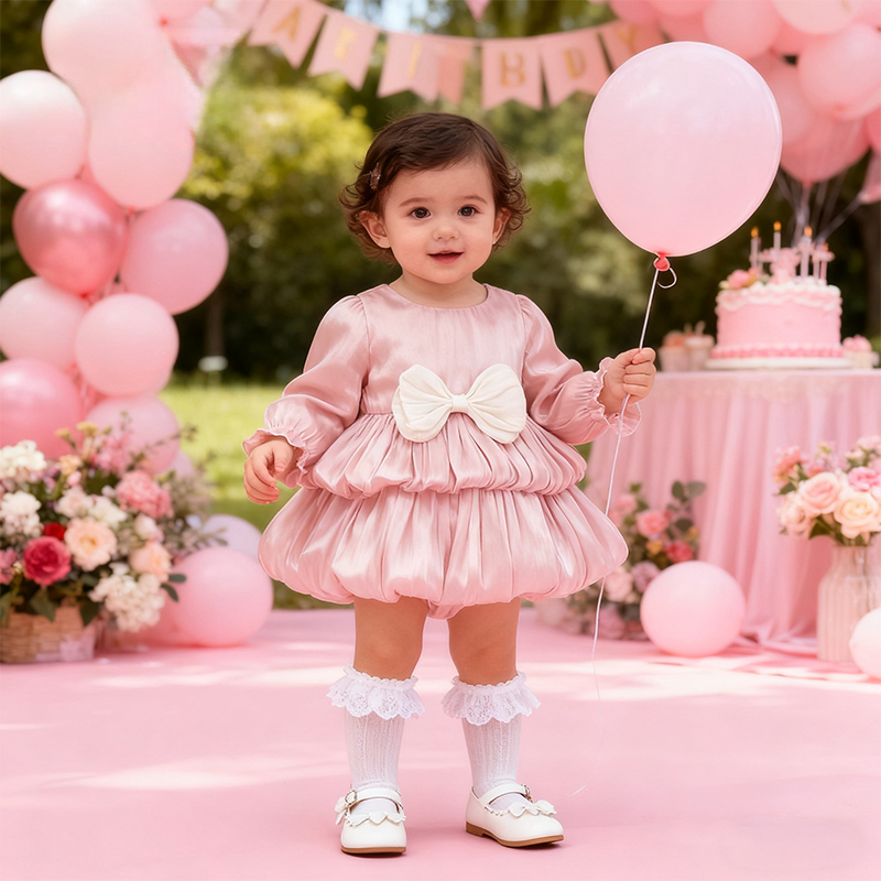 Cotton Folds Bow Long Sleeve Mid-long Dresses - Pink - 12-18M - image 1