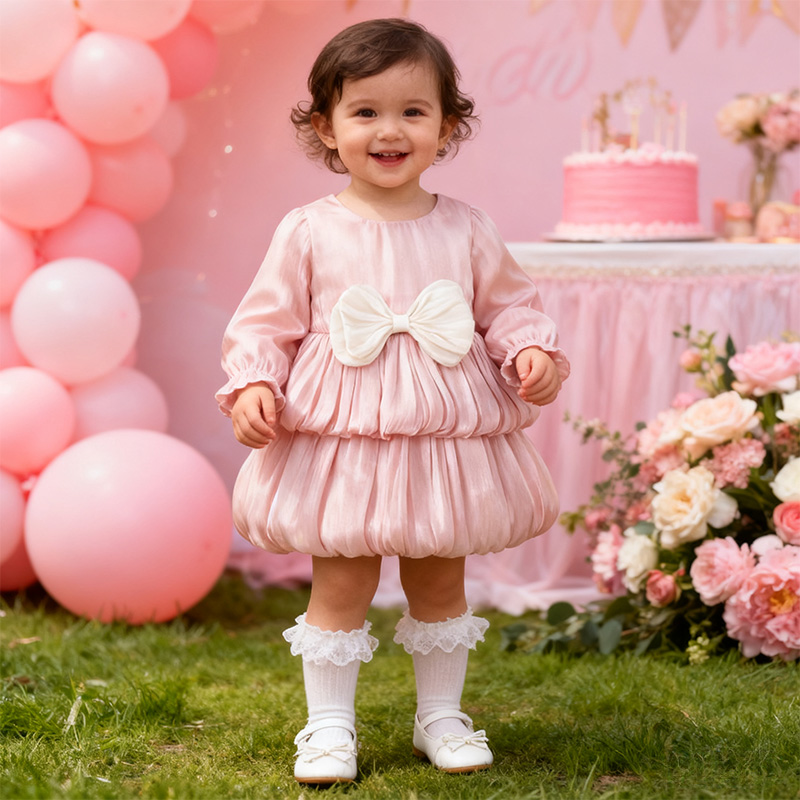 Cotton Folds Bow Long Sleeve Mid-long Dresses - image 3