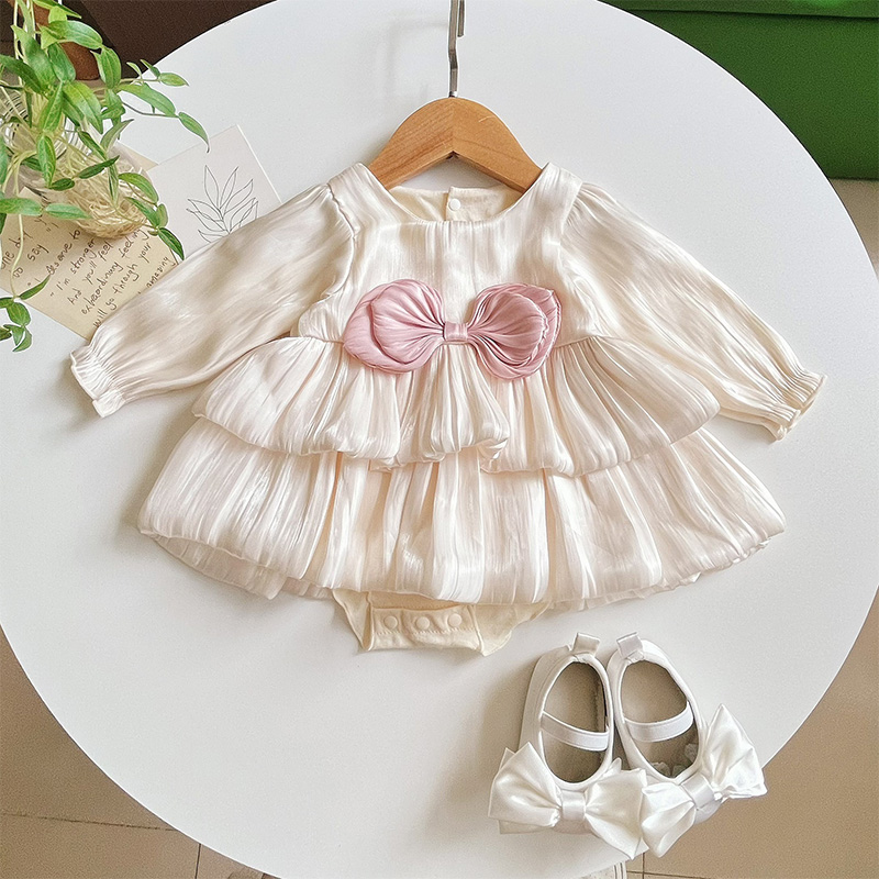 Cotton Folds Bow Long Sleeve Mid-long Dresses - Beige - 12-18M - image 12