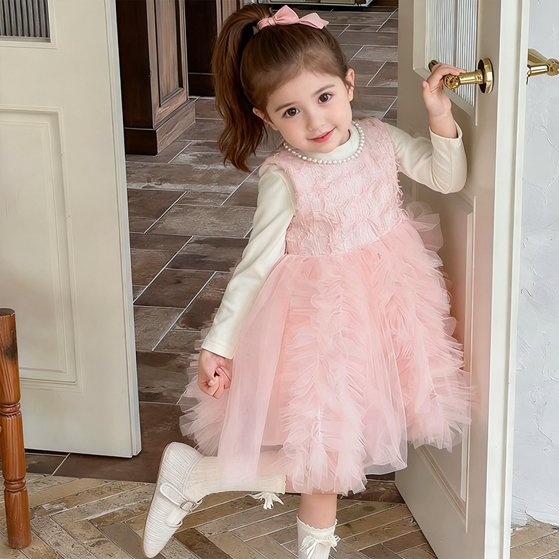 [Archive Sale] Mesh Folds Long Sleeve Mid-long Dresses Two-piece Set - Pink - 3-4Y - image 1