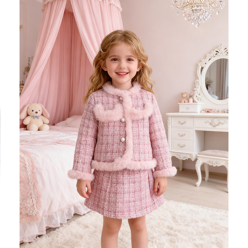 Tweed Feather-trimmed Long Sleeve Regular Dresses&two-piece Set - Pink - 7-8Y - image 1