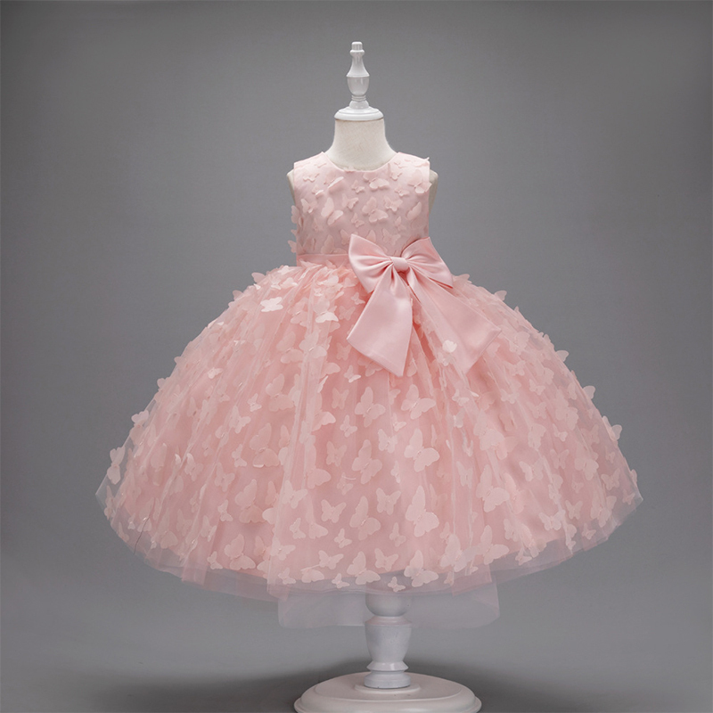 Mesh Bow Rosette Short Sleeve Mid-long Dresses - Pink - 150cm - image 1