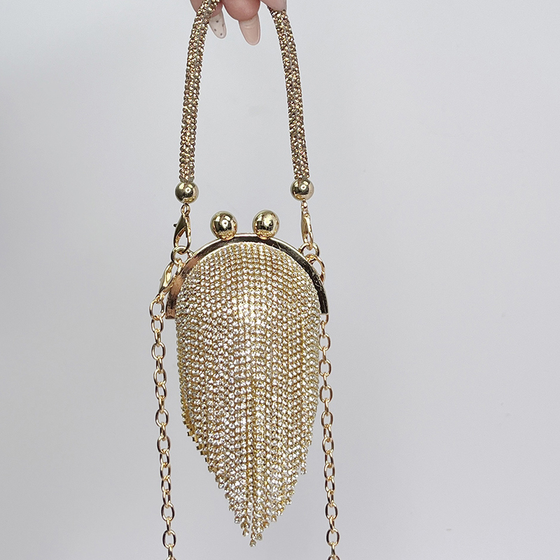 Solid With Pearls Bags - Golden - Golden Crystal Ball With Diamond Tassels - image 8