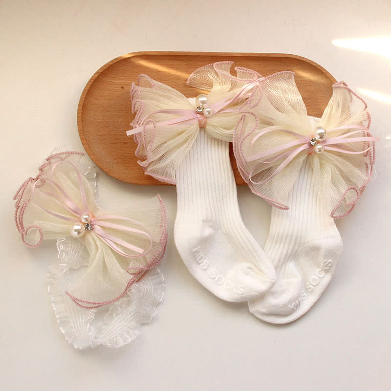 Color-block With Bow Headband And Socks - Light Yellow - image 3