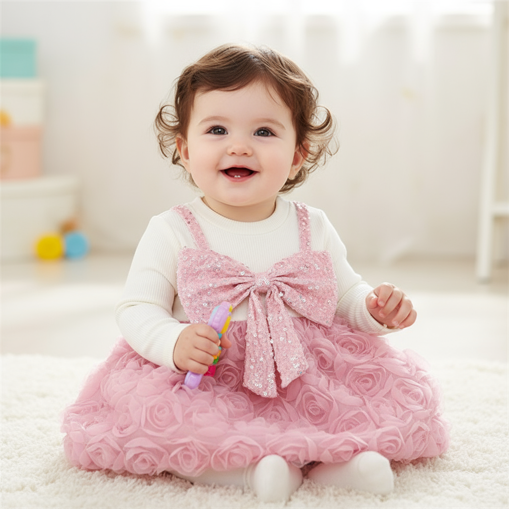 [Archive Sale] Chemical Fiber Blend Bow Long Sleeve Midi Dresses - Pink - 1-2Y【90cm】 - image 1