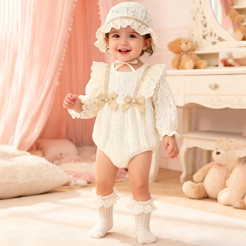 [Archive Sale] Nylon Folds Lace Edge Bow Long Sleeve Regular Bodysuit - White - 80cm - image 1