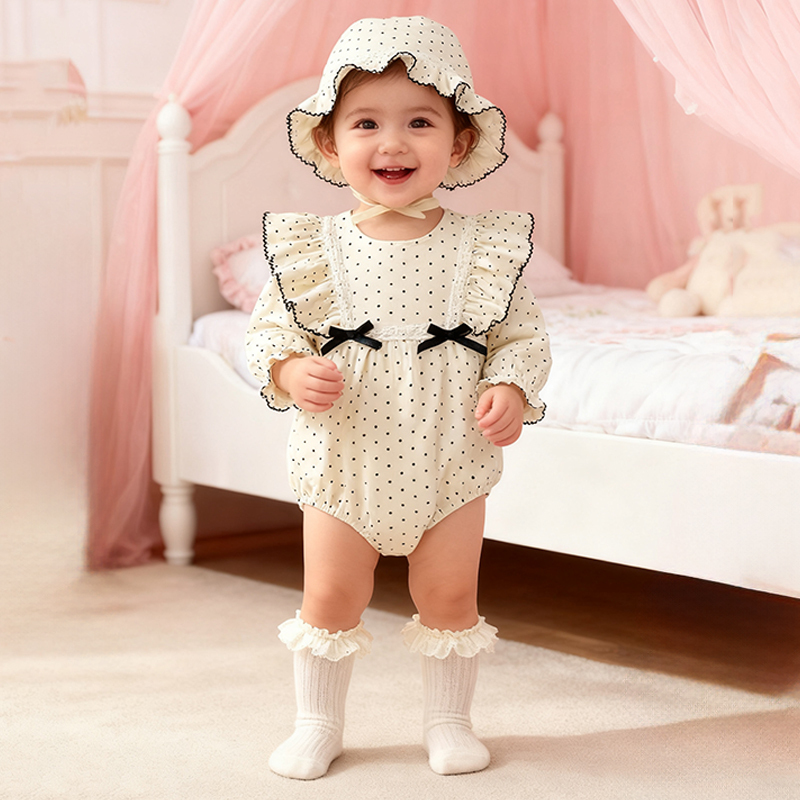 [Archive Sale] Cotton Folds Bow Long Sleeve Regular Bodysuit - Beige - 80cm - image 1