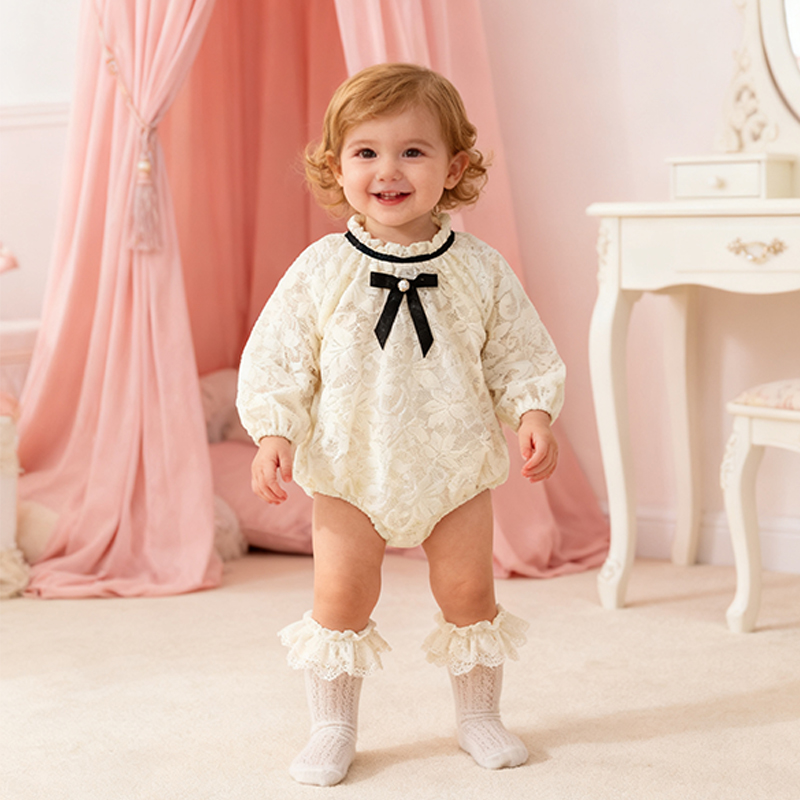 Lace Bow Long Sleeve Regular Bodysuit - Beige - 90cm - image 2