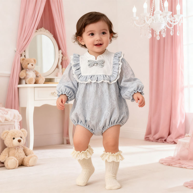 [Archive Sale] Jacquard Folds Bow Long Sleeve Regular Bodysuit - Blue - 80cm - image 1