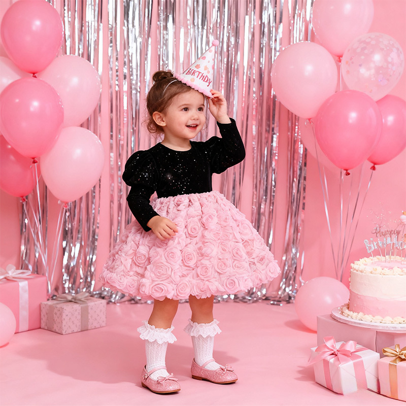 Velvet Rosette Long Sleeve Mid-long Dresses - image 1