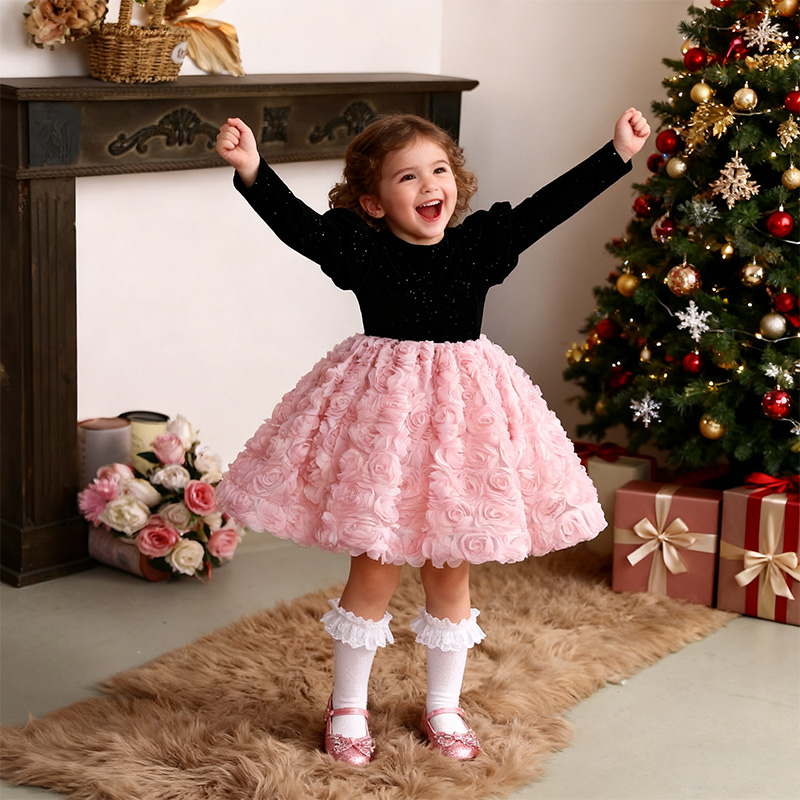 Velvet Rosette Long Sleeve Mid-long Dresses - Pink - 130cm - image 2