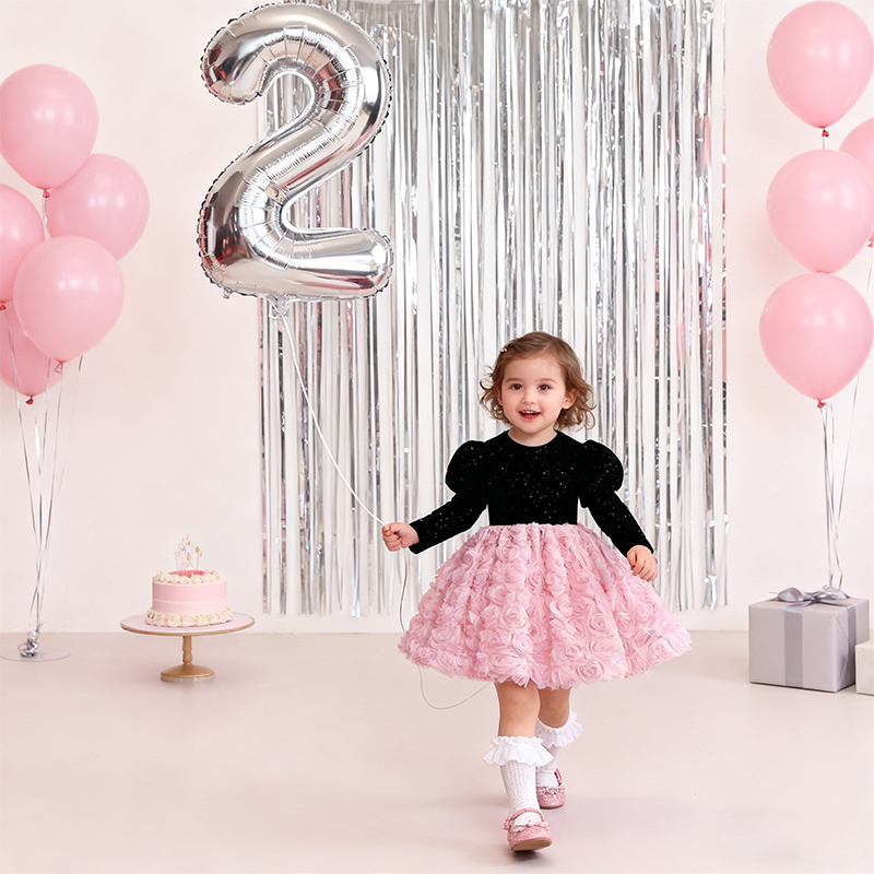 [Archive Sale] Velvet Rosette Long Sleeve Mid-long Dresses - Pink - 110cm - image 1