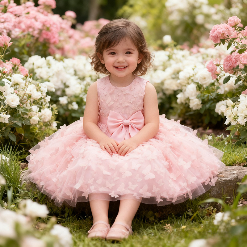 Mesh Bow Rosette Short Sleeve Mid-long Dresses - image 4