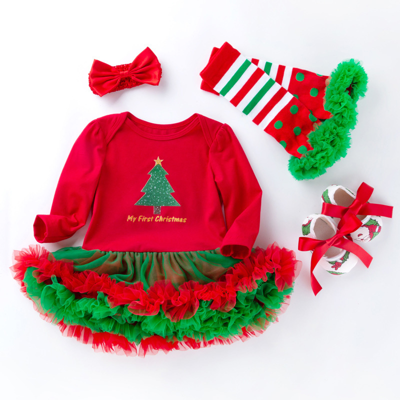 Cotton Folds Printing Long Sleeve Regular Bodysuit - Red - Christmas Tree 4-piece Set A - 12-24M - image 2