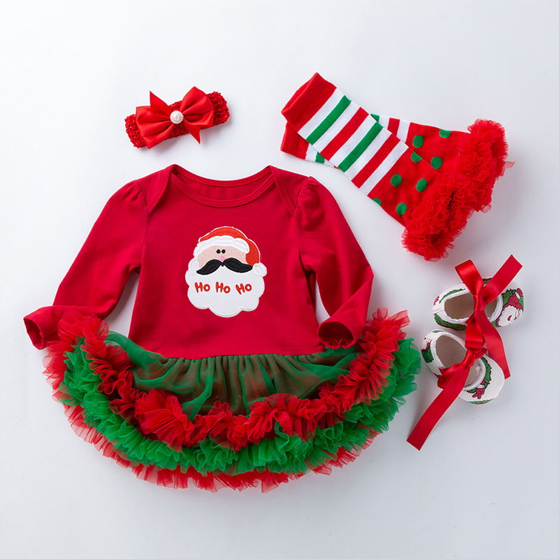 Cotton Folds Printing Long Sleeve Regular Bodysuit - Red - Red And Green Dress Santa 4-piece Set - 12-24M - image 7