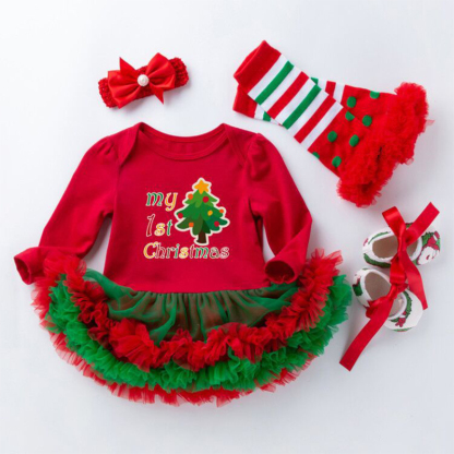 Cotton Folds Printing Long Sleeve Regular Bodysuit - Red - Christmas Tree 4-piece Set B - 12-24M - image 8
