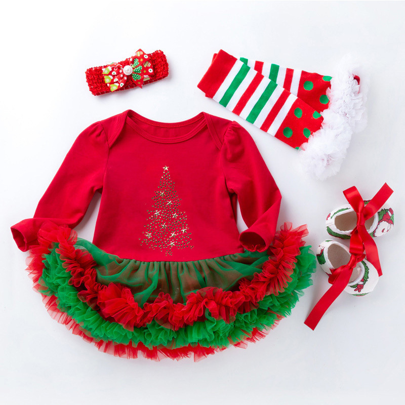 Cotton Folds Printing Long Sleeve Regular Bodysuit - Red - Cartoon Diamond Christmas Tree 4-piece Set - 12-24M - image 9
