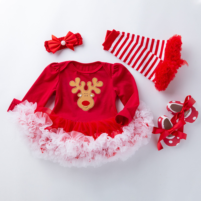 Cotton Folds Printing Long Sleeve Regular Bodysuit - Red - Christmas Deer 4-piece Set - 12-24M - image 11