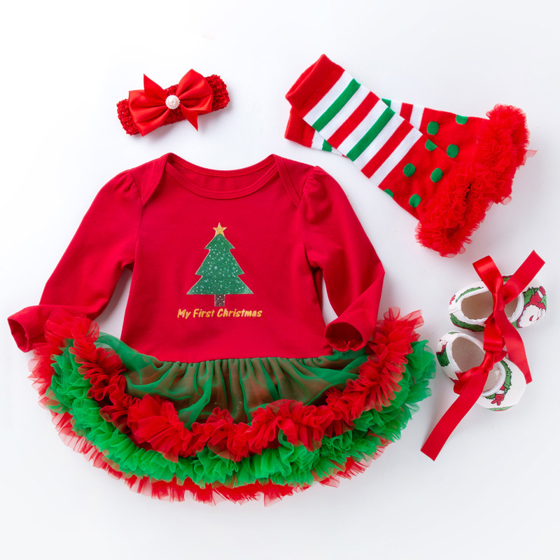 Cotton Folds Printing Long Sleeve Regular Bodysuit - Red - Christmas Tree 4-piece Set C - 12-24M - image 12
