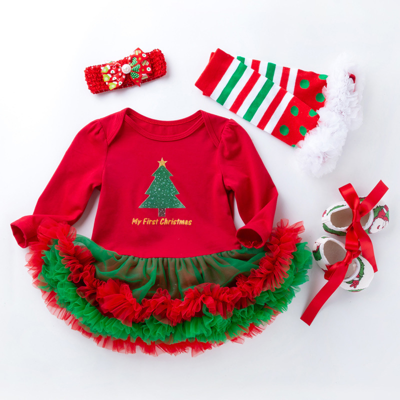 Cotton Folds Printing Long Sleeve Regular Bodysuit - Red - Christmas Tree 4-piece Set D - 12-24M - image 13