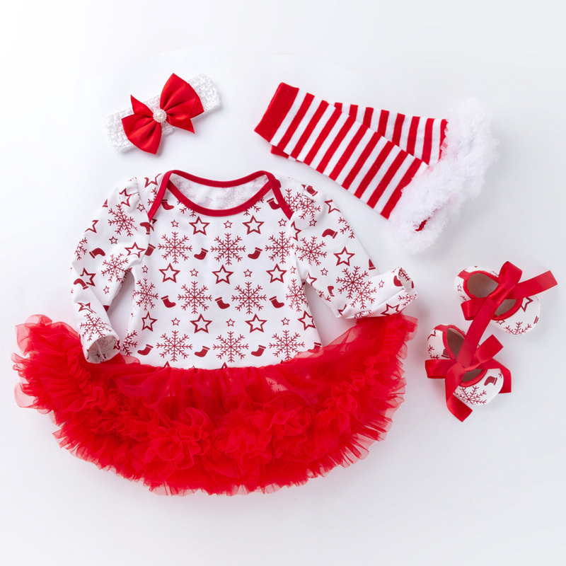 Cotton Folds Printing Long Sleeve Regular Bodysuit - Red - Snowflake 4-piece Set - 12-24M - image 1
