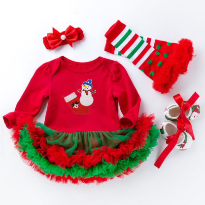Cotton Folds Printing Long Sleeve Regular Bodysuit - Red - Snowman 4-piece Set - 12-24M - image 14