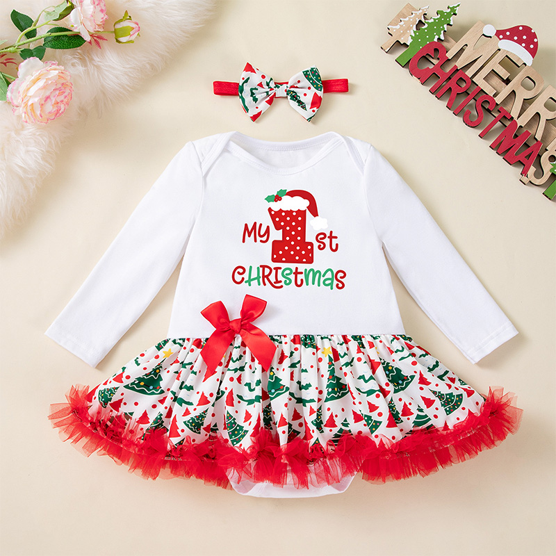 Knitted Folds Bow Printing Long Sleeve Regular Bodysuit - White - Christmas Hat Tree - 12-18M - image 1