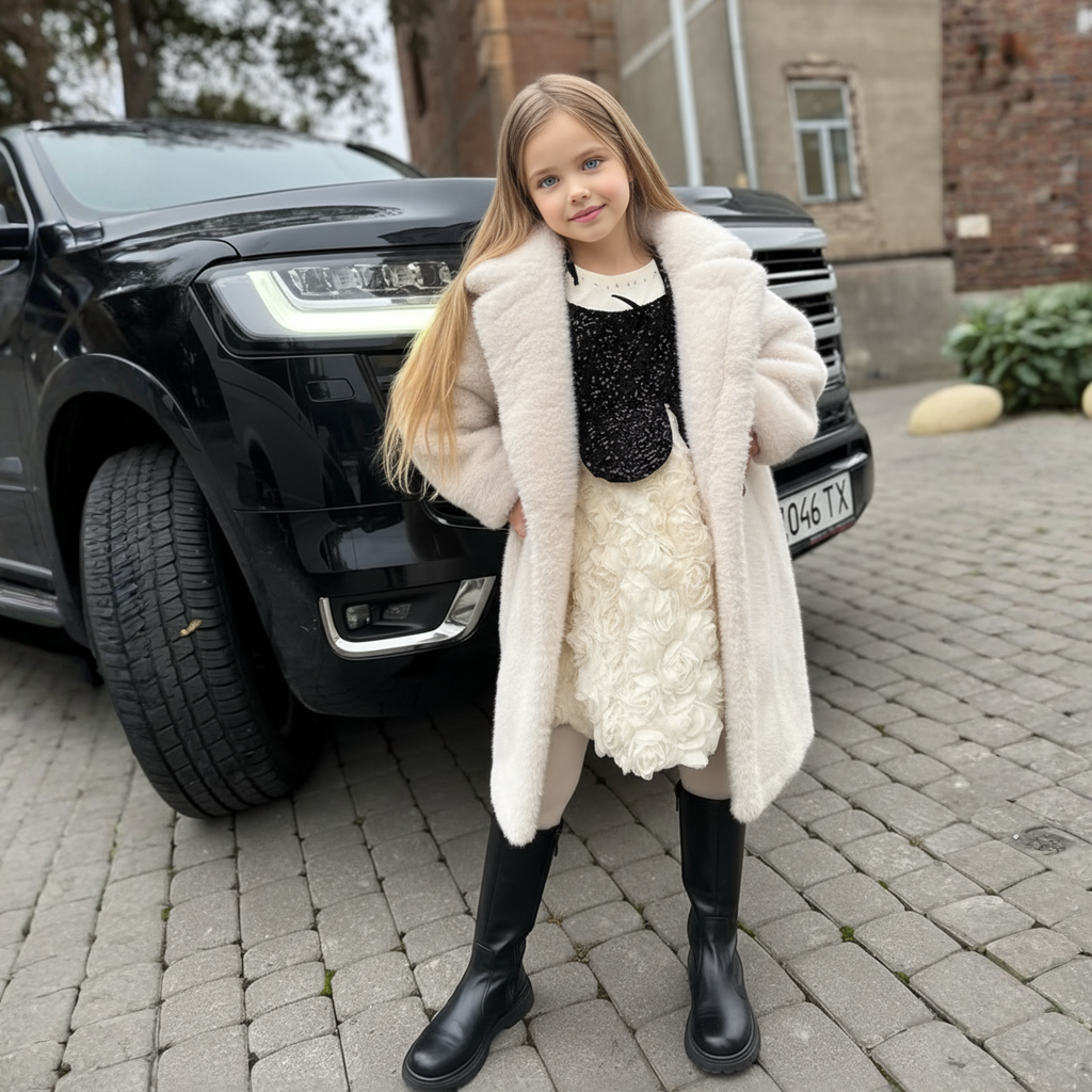 Faux Fur Button Long Sleeve Mid-long Outerwears - White - 12-14Y - image 1