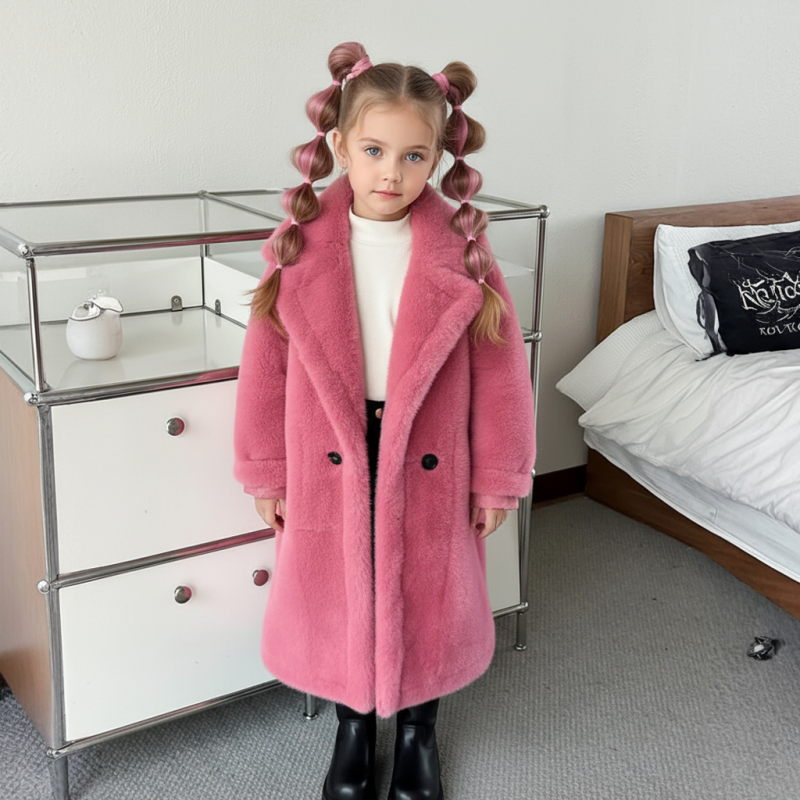 Faux Fur Button Long Sleeve Mid-long Outerwears - Rose - 12-14Y - image 6