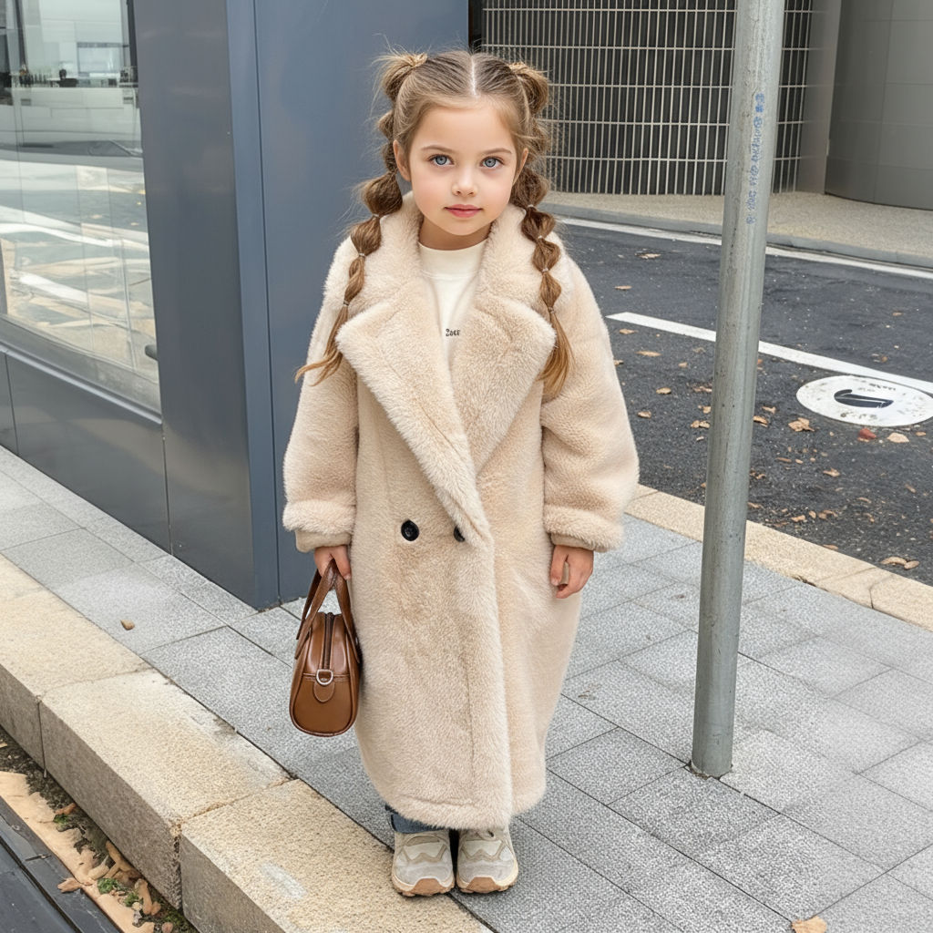 Faux Fur Button Long Sleeve Mid-long Outerwears - Apricot - 12-14Y - image 9