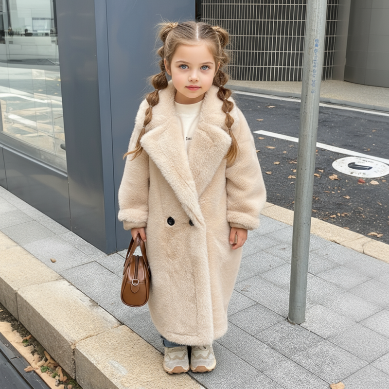 Faux Fur Button Long Sleeve Mid-long Outerwears - Apricot - 12-14Y - image 9