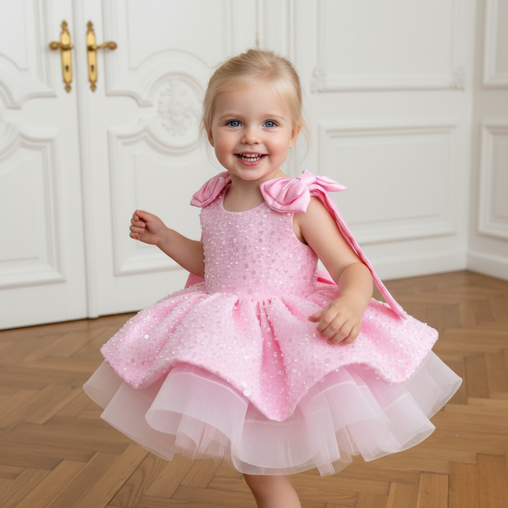 Glitter Bow Sleeveless Midi Dresses - Pink - 12-13Y - image 1
