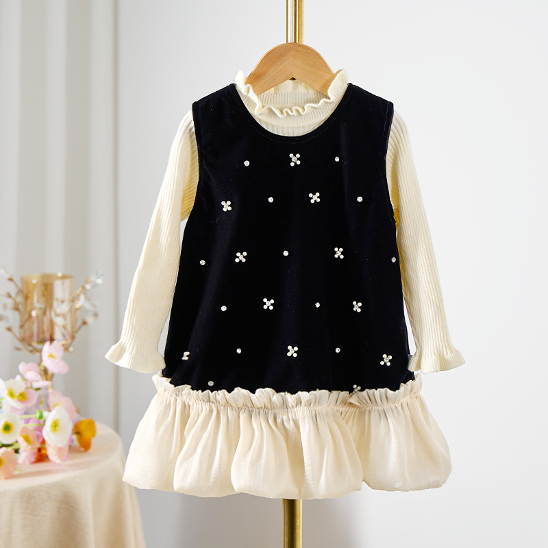 [Archive Sale] Velvet Fleece Imitation Pearls Long Sleeve Mid-long Two-piece set - Set - 1-2Y【90cm】 - image 1
