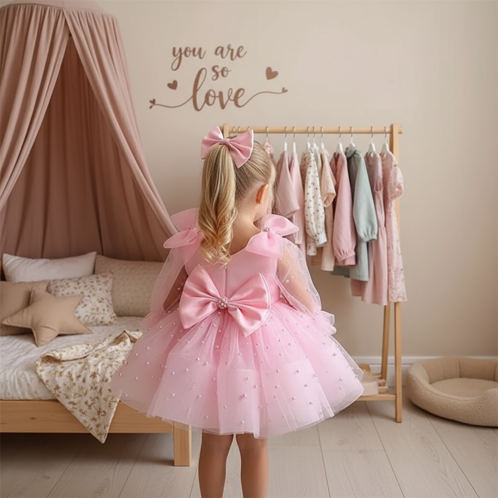 Mesh Bow Sleeveless Midi Dresses - Pink - 11-13Y - image 6