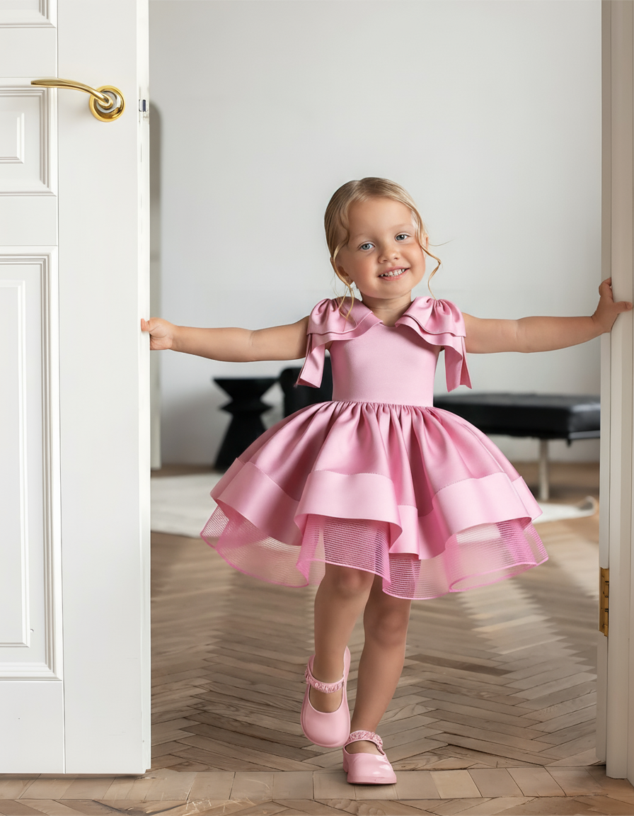 Satin Bow Sleeveless Midi Dresses - Pink - 7Y - image 1