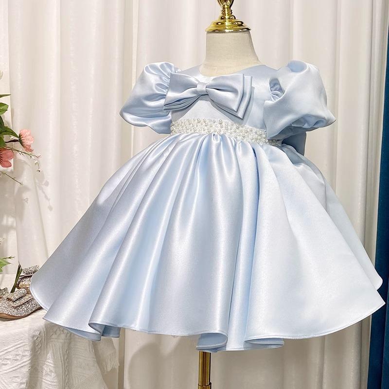 Satin Bow Short Sleeve Midi Dresses - Blue - 11-13Y - image 1