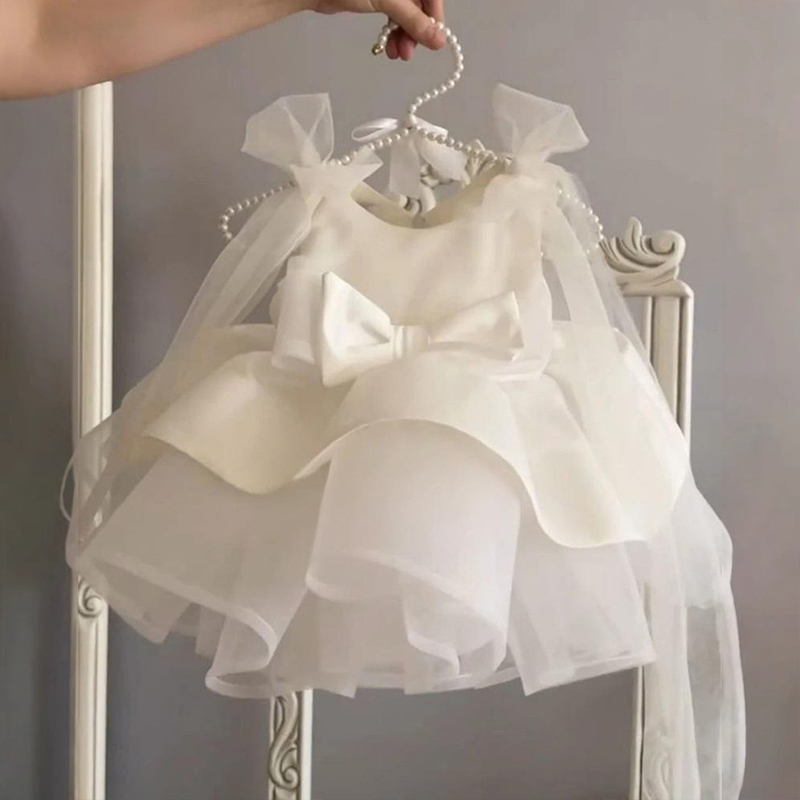 Satin Bow Sleeveless Midi Dresses - White - 6-7Y - image 3