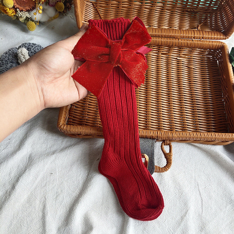 Solid With Bow Socks - Red - Golden Sparkle Bow Long Socks - 13-15Y - image 1