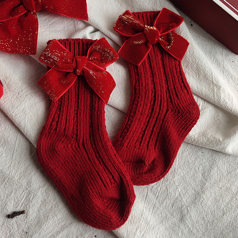 Solid With Bow Socks - Red - Golden Sparkle Bow Short Socks - 13-15Y - image 2
