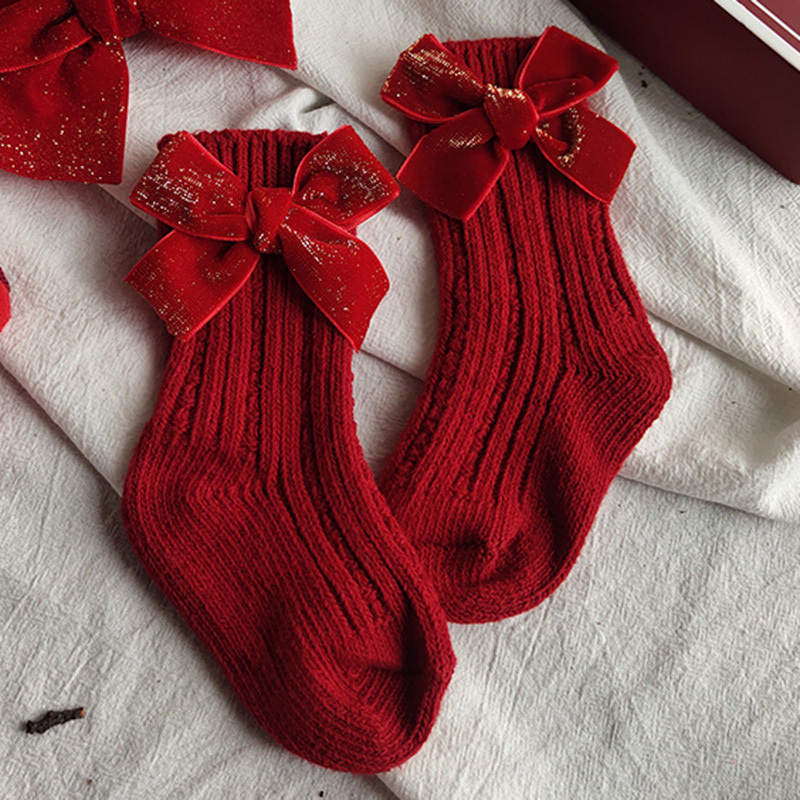 Solid With Bow Socks - Red - Golden Sparkle Bow Short Socks - 13-15Y - image 2